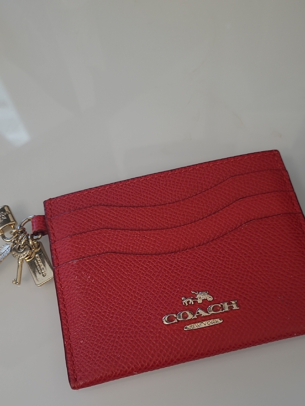 Coach Red Leather Card & Key Charm Holder with Gold Logo